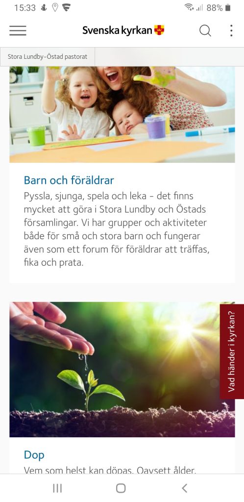 Skärmdump av mobilvy av Stora Lundby-Östad pastorats startsida på webben.